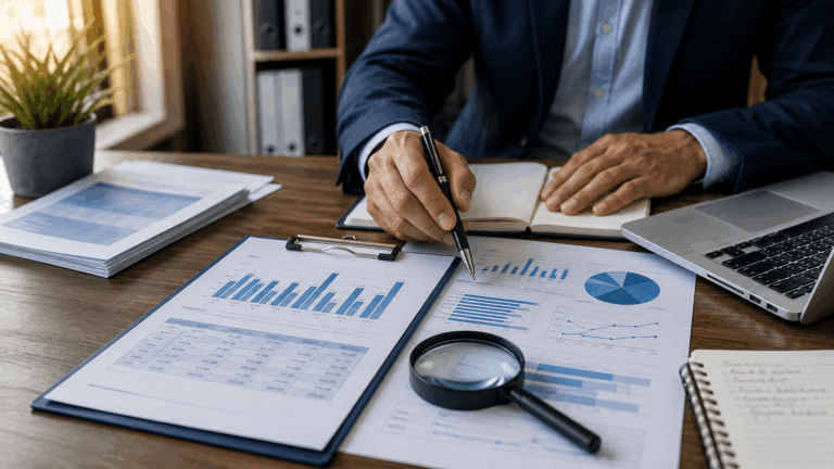 Dirigeant analysant le fonctionnement de son entreprise : tableaux de charge, graphiques et loupe sur les processus internes lors d’un audit d’entreprise