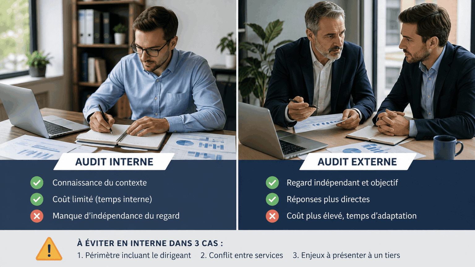 Comparatif audit interne et audit externe : connaissance du contexte et coût limité d’un côté, regard indépendant et réponses plus directes de l’autre, avec les trois cas à éviter en interne