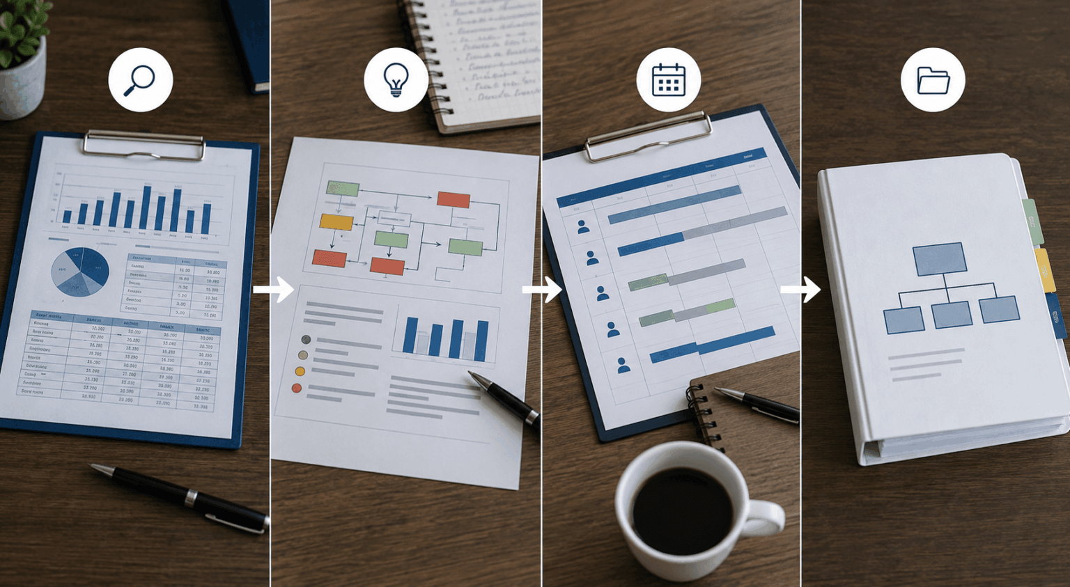 Les différents types d’audits en entreprise : audit financier, audit organisationnel, audit des processus et audit administratif présentés côte à côte