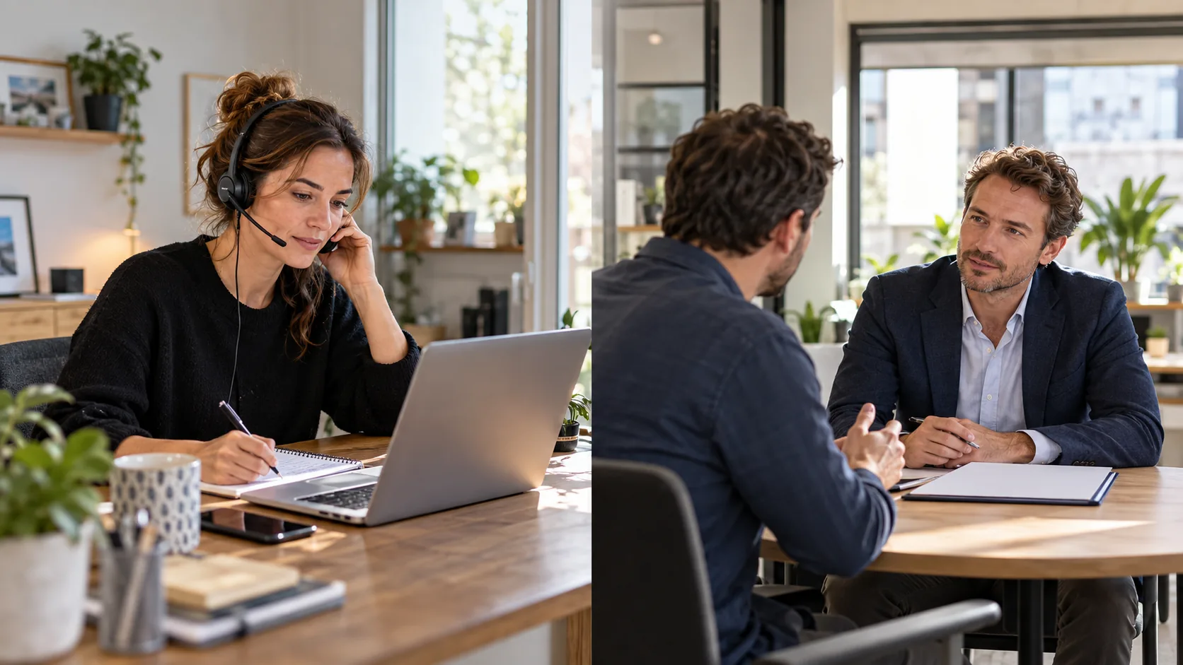 Prospection externalisée : une assistante dédiée appelle des prospects au casque, le dirigeant mène ensuite l'entretien de vente B2B