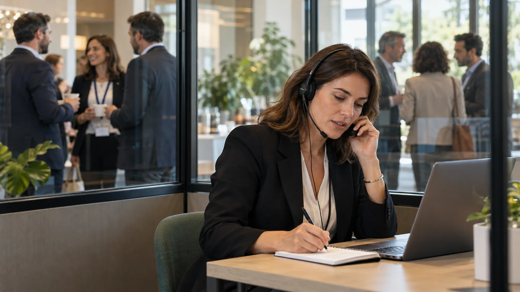 Commerciale au casque qui prospecte par téléphone pendant qu'un salon professionnel B2B se tient derrière la vitre