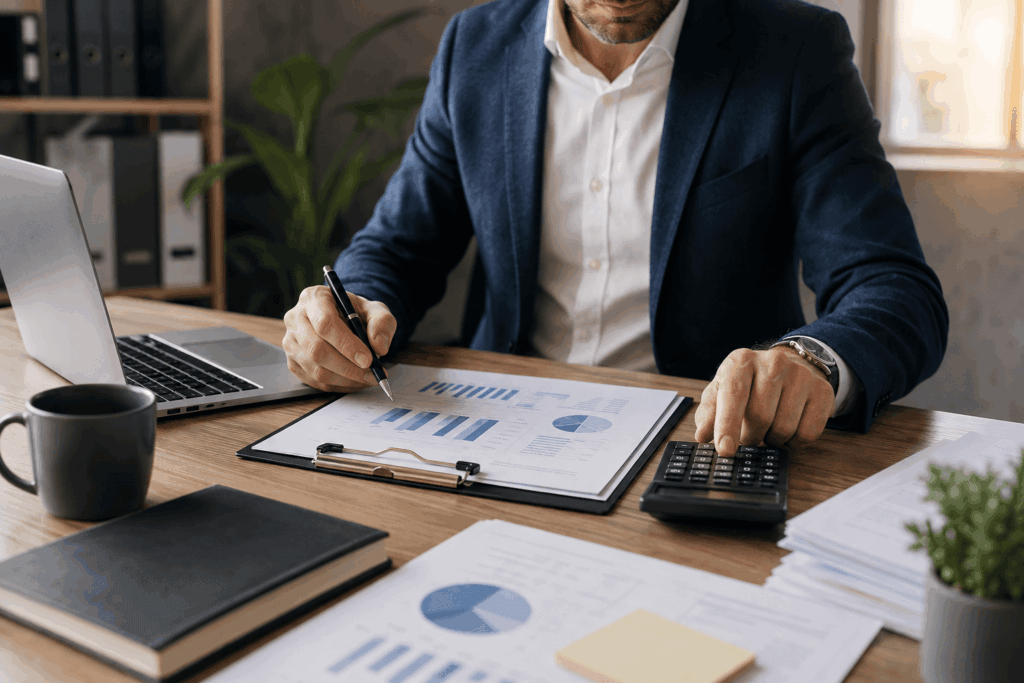 Dirigeant de PME analysant ses tableaux de charges et calculant le coût de sa fonction administrative
