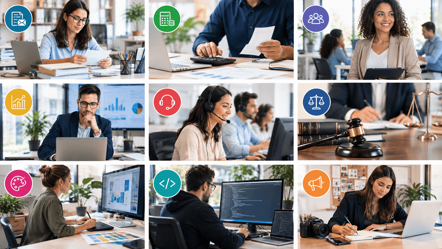 Mosaïque des prestations de service externalisables : administration, comptabilité, RH, conseil en gestion, relation client, juridique, design, développement web et marketing