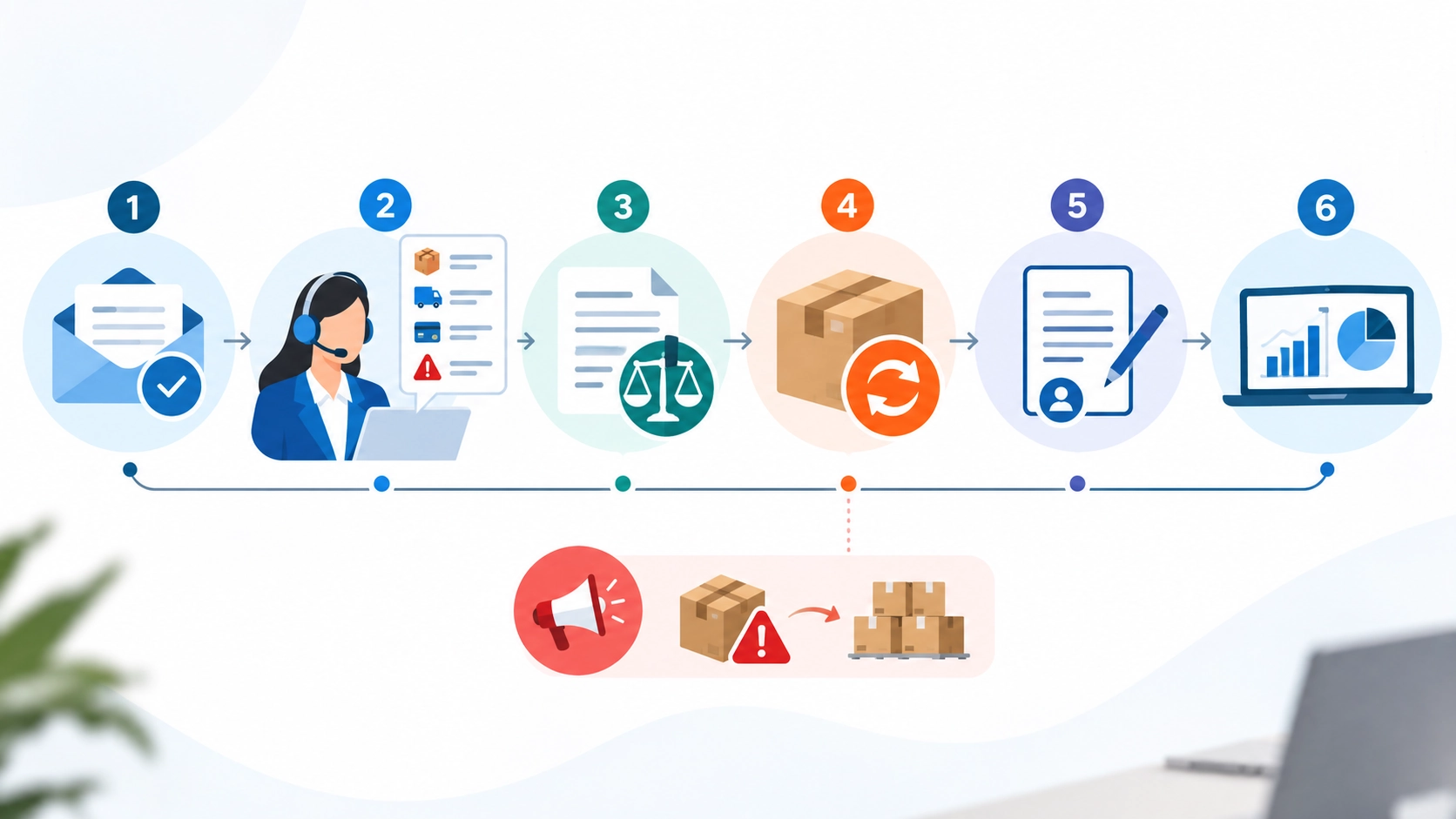 Procédure de traitement d'une réclamation client écrite en 6 étapes : accusé de réception, qualification, vérification juridique, solution, formalisation, enregistrement