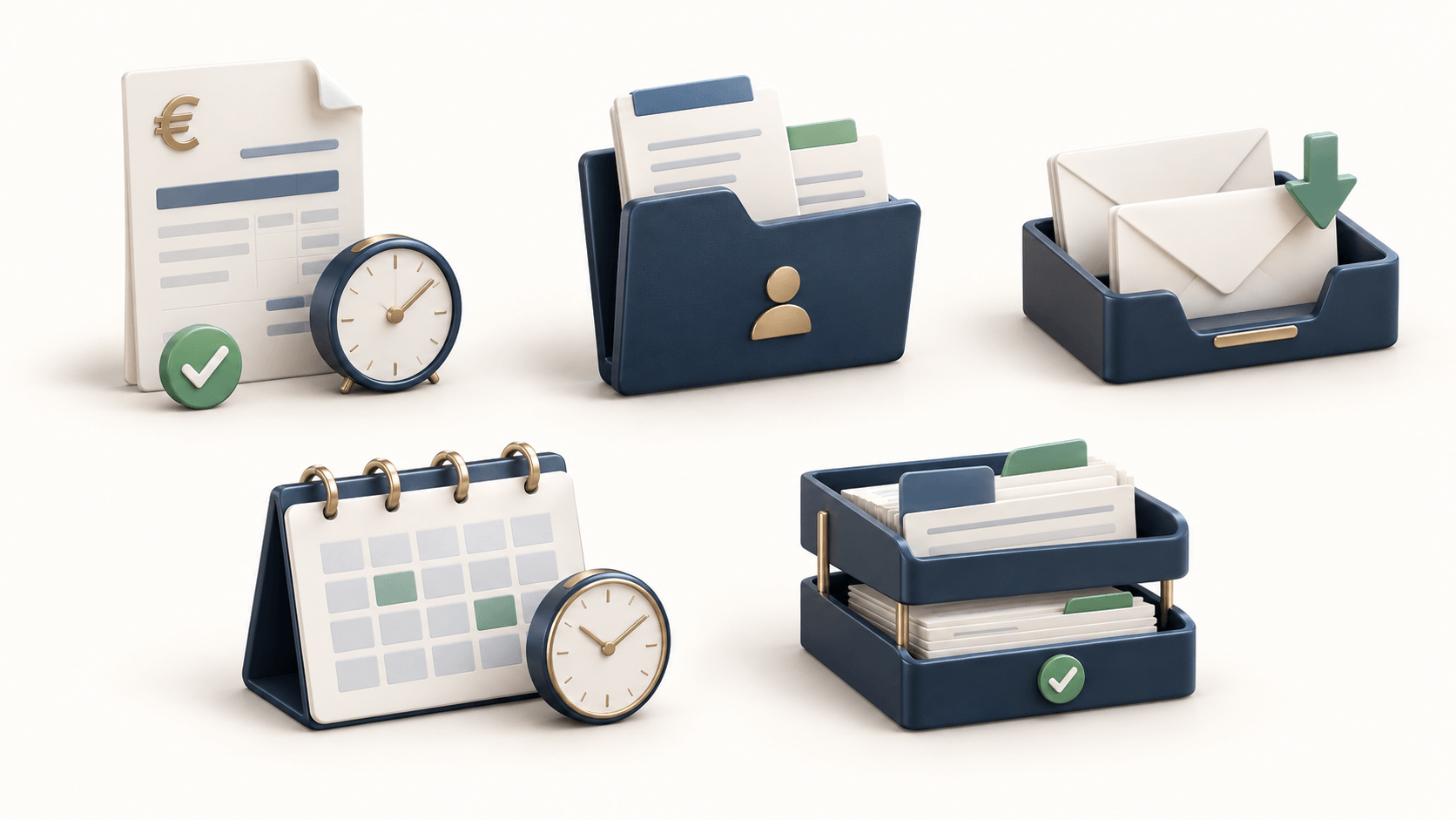Illustration de cinq tâches administratives : facture avec réveil, dossier client, bac à courrier, agenda avec horloge et bannette de pièces classées