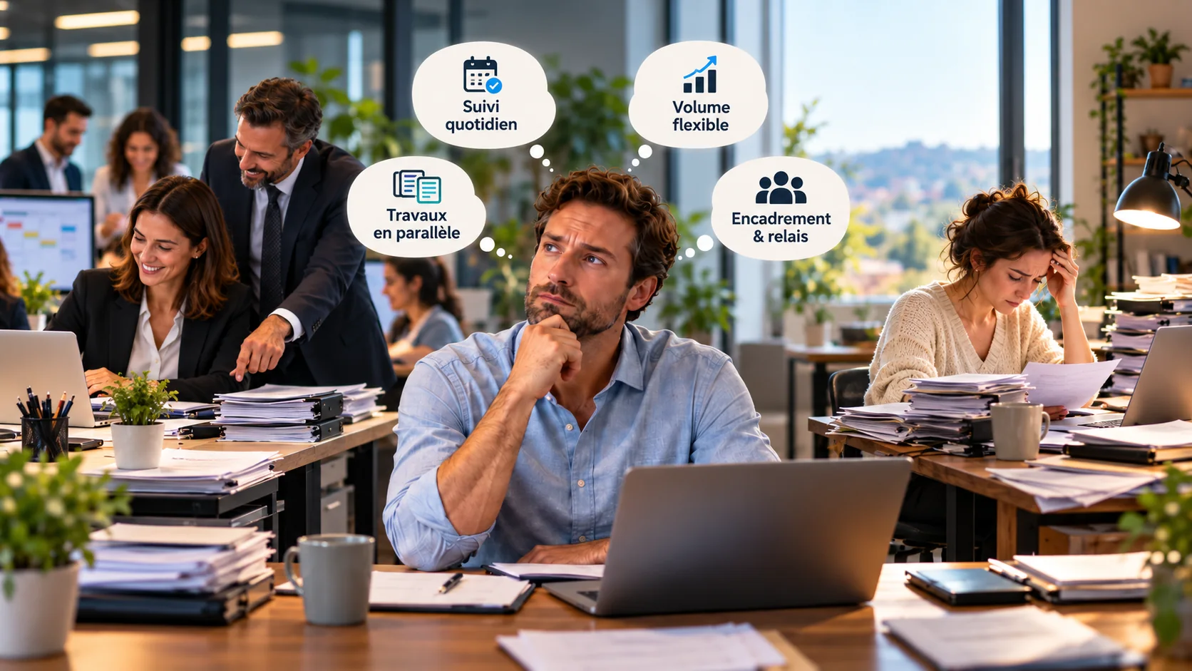 Dirigeant face aux quatre raisons de choisir une agence : suivi quotidien, volume flexible, travaux en parallèle, encadrement et relais