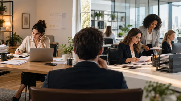 Assistante administrative freelance au téléphone dans son bureau, face à une équipe d'assistantes encadrées en agence, sous le regard d'un dirigeant
