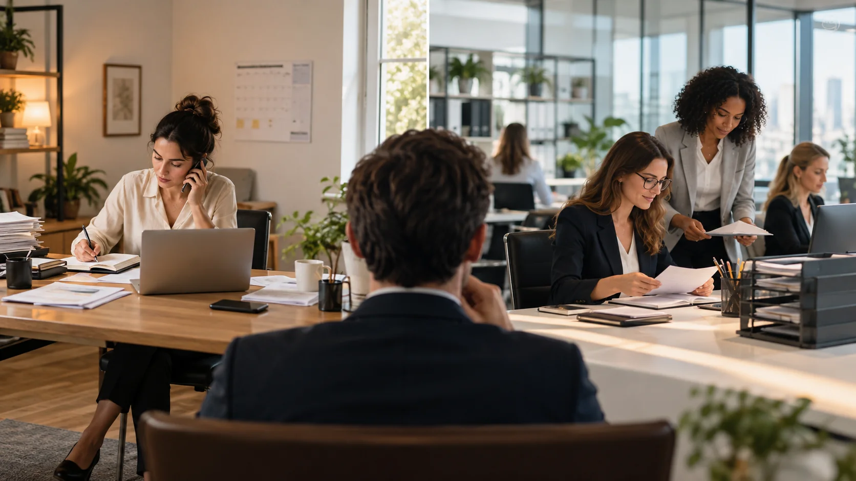 Assistante administrative freelance au téléphone dans son bureau, face à une équipe d'assistantes encadrées en agence, sous le regard d'un dirigeant