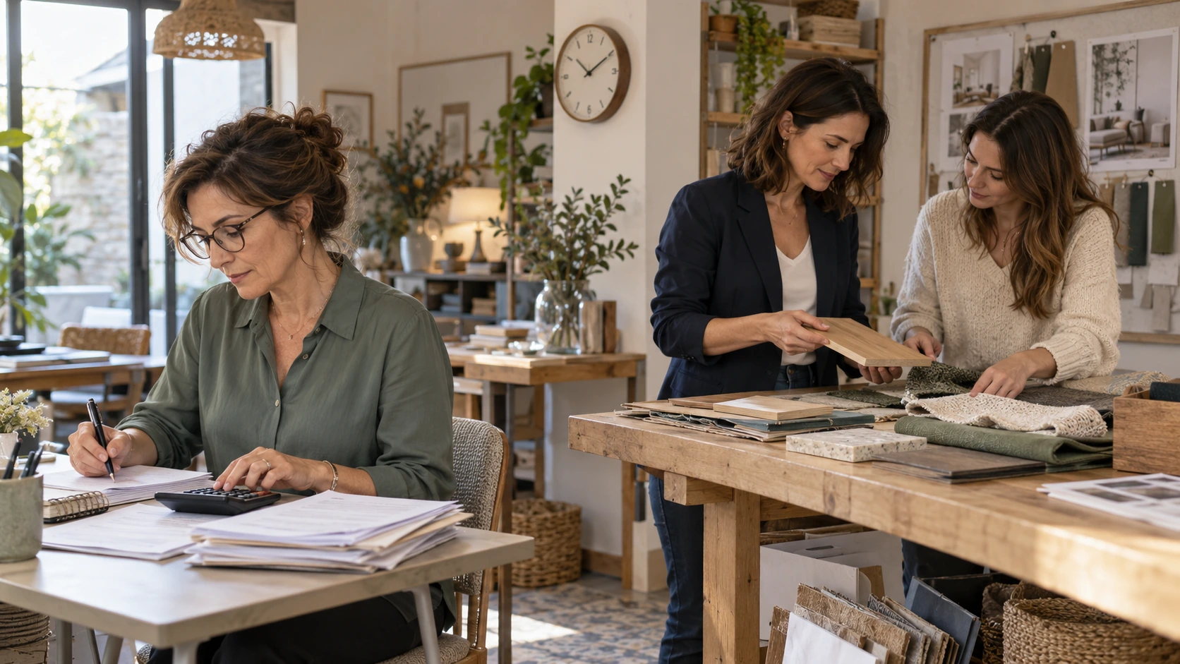 Indépendante qui fait ses comptes à la calculatrice pendant que deux collaboratrices trient des échantillons de matériaux dans un atelier de décoration