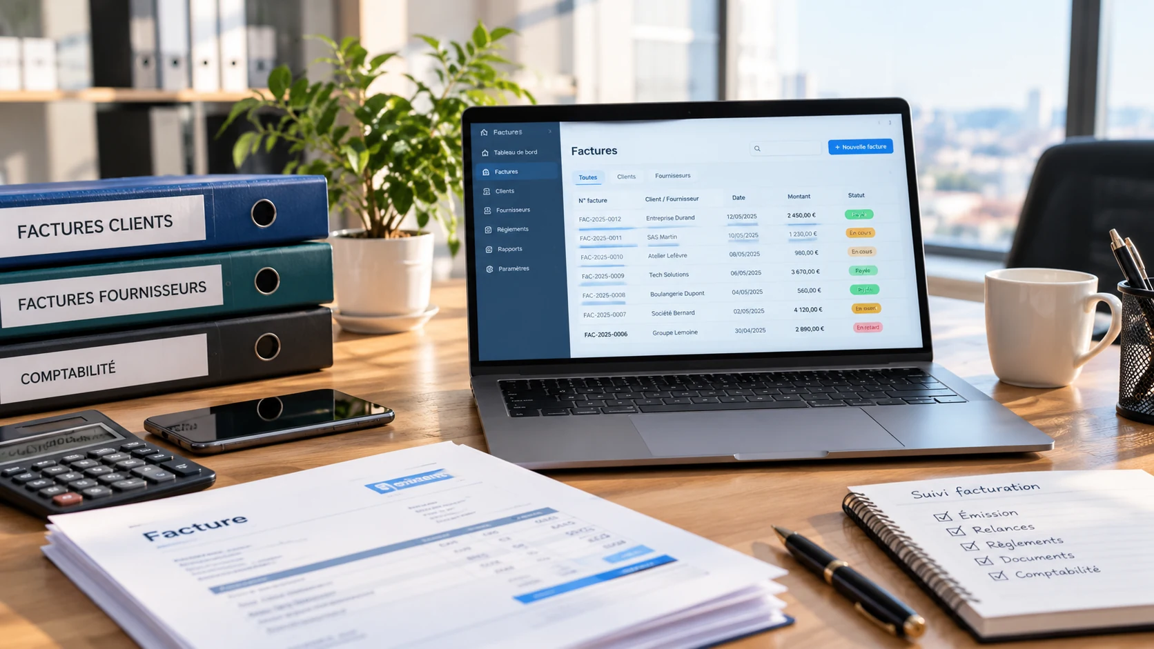 Bureau de PME avec un logiciel de facturation ouvert sur la liste des factures, des classeurs factures clients et fournisseurs, et un suivi de facturation