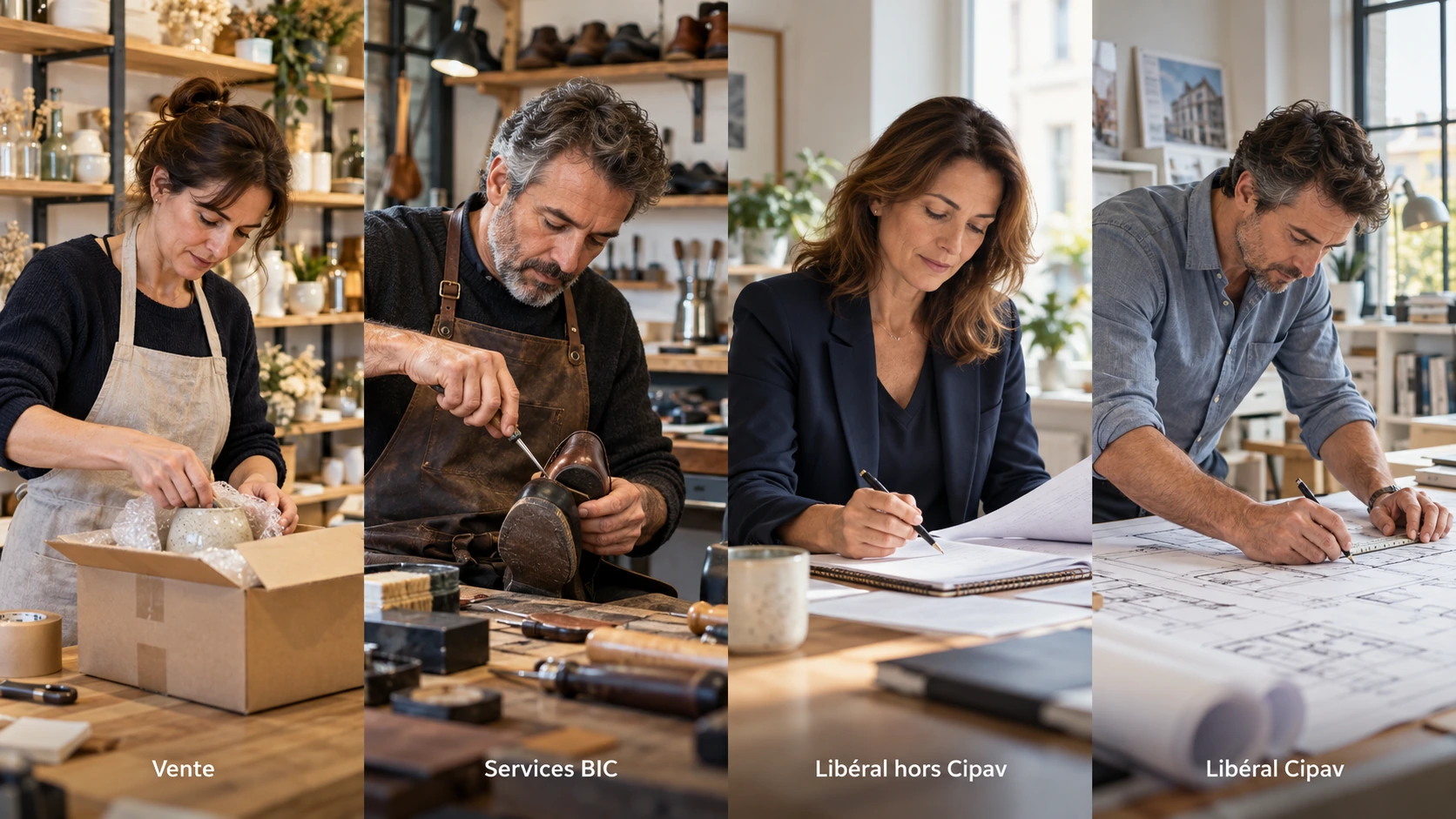 Quatre micro-entrepreneurs au travail : une vendeuse de céramique, un cordonnier, une consultante et un architecte, légendés vente, services BIC, libéral hors Cipav et libéral Cipav