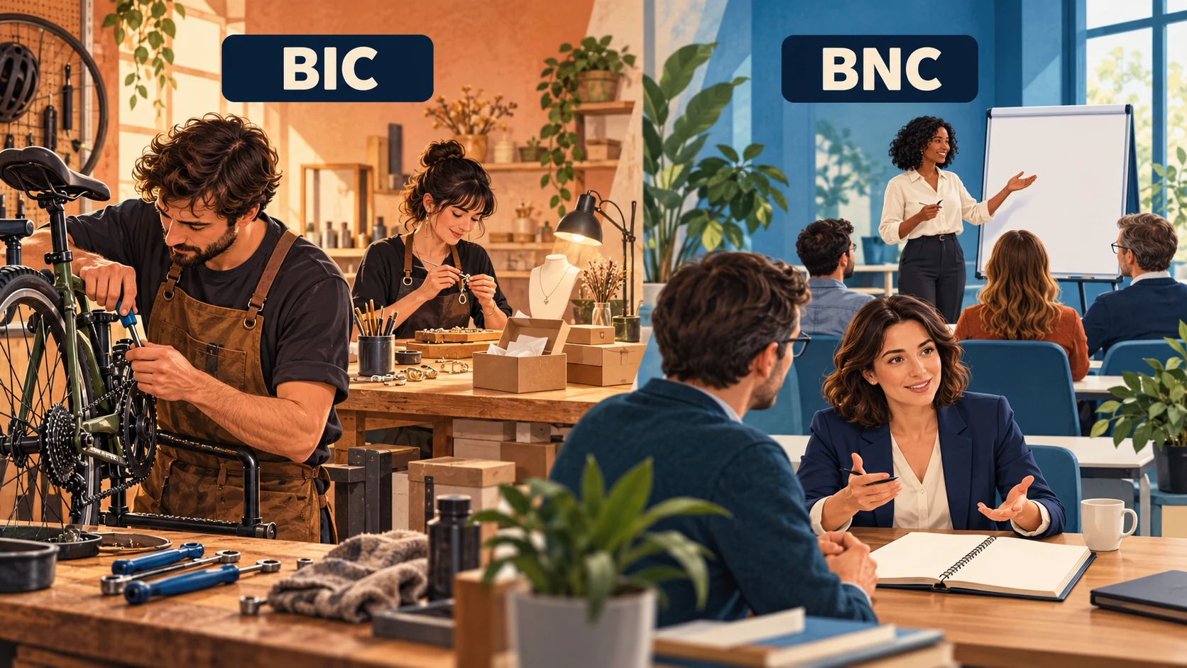 Réparateur de vélos et créatrice de bijoux côté BIC, formatrice et consultante côté BNC : prestation de service BIC ou BNC selon le métier
