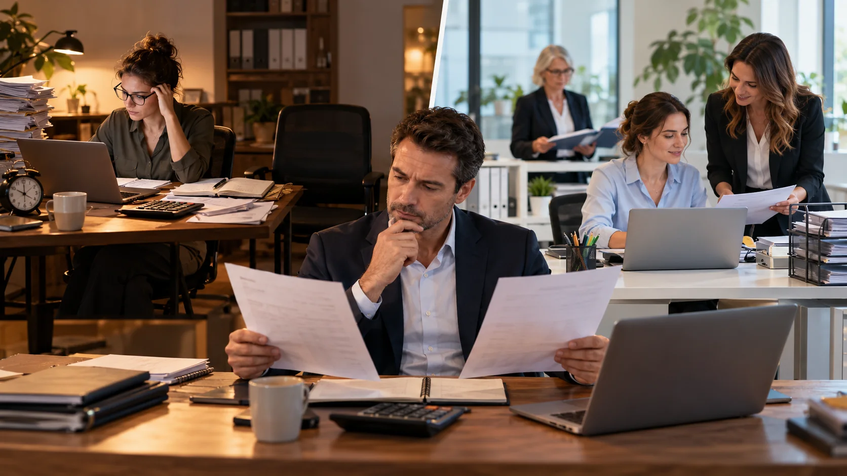 Dirigeant qui compare deux devis, entre une secrétaire indépendante seule à son bureau et une équipe d'assistantes en agence